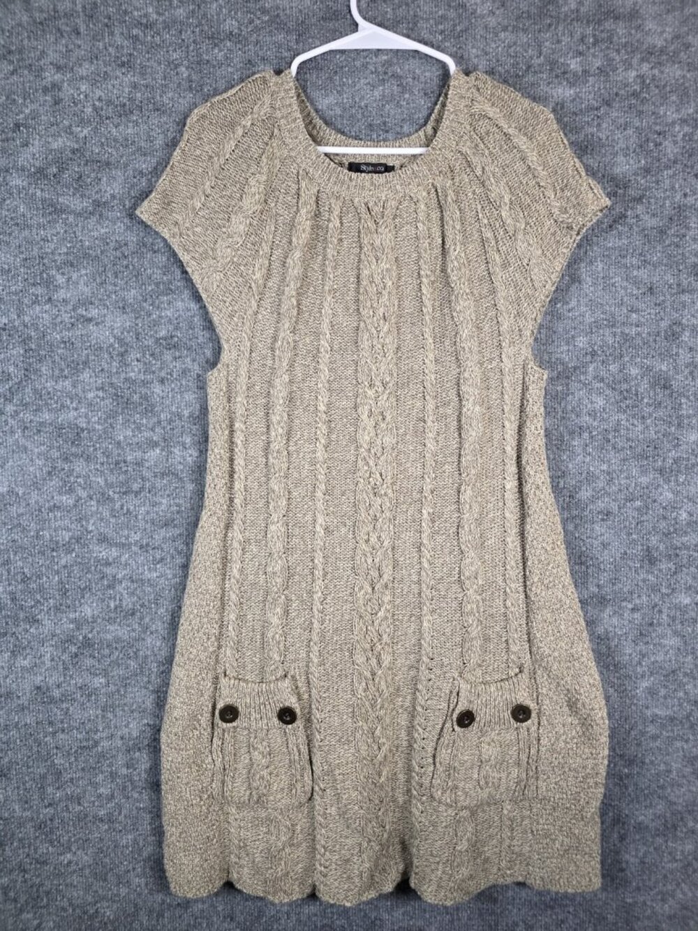Style&co. Dress Womens XL Beige Cable Knit Sweater Cap Sleeve Pockets Casual